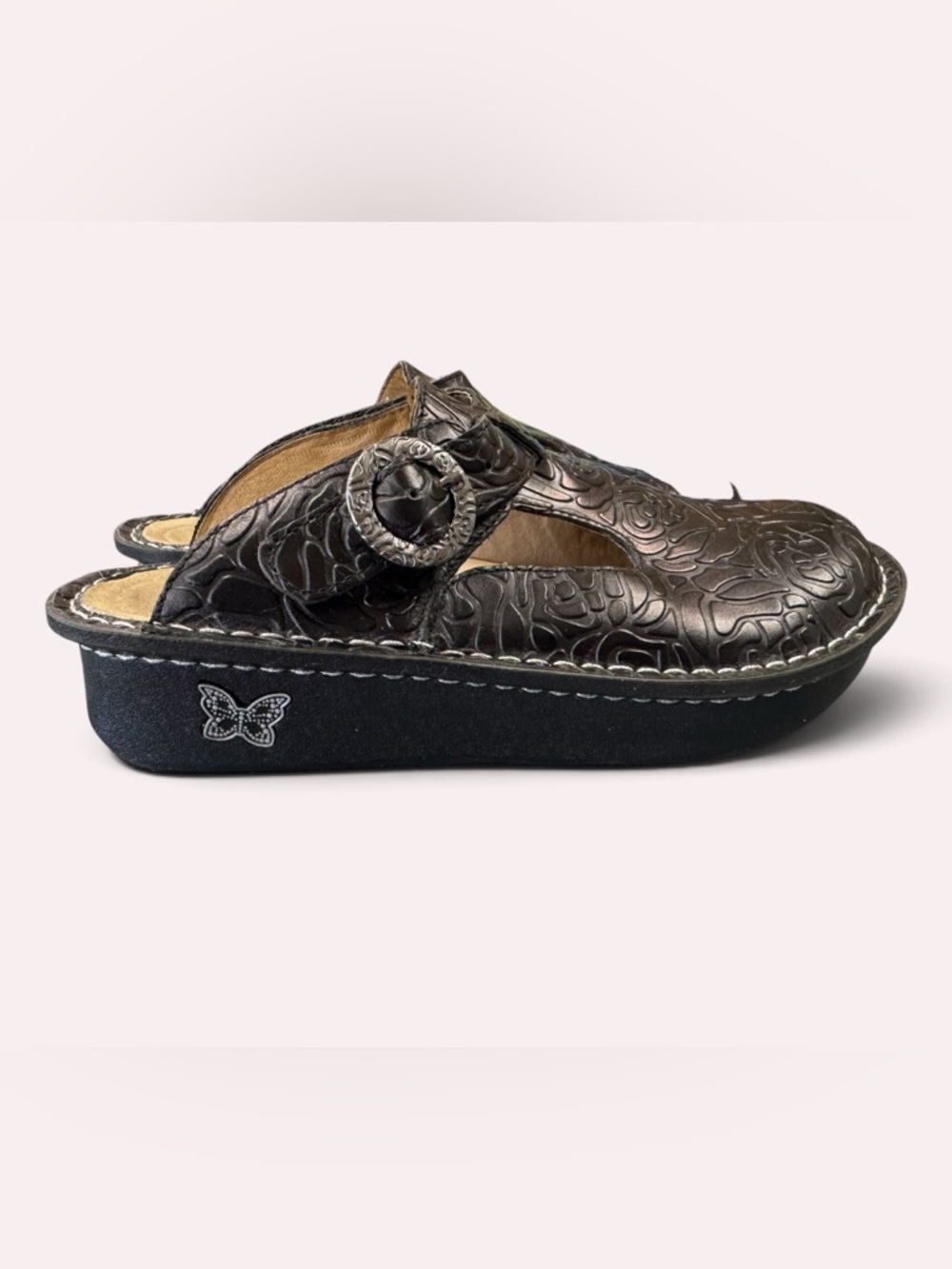 ALEGRIA Black Embossed Leather Clog Decorative Adjustable Buckle Size 36